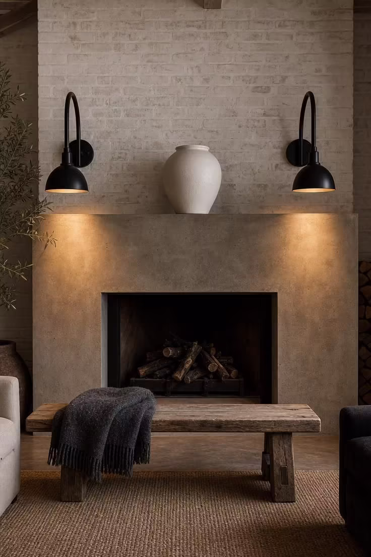17 Striking Industrial Living Room Ideas With Raw Charm 11 Two oversized matte black gooseneck sconces flanking a raw concrete fireplace hearth in a warm industrial living room.