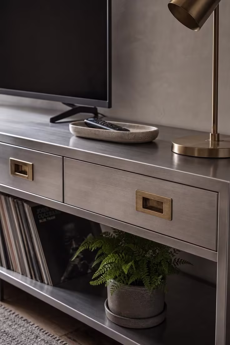17 Striking Industrial Living Room Ideas With Raw Charm 13 Close-up of a steel-frame media console with aged brass pulls and a potted fern on the lower shelf in an industrial living room.