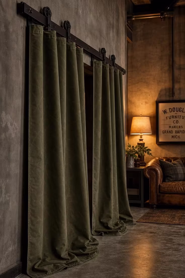 17 Striking Industrial Living Room Ideas With Raw Charm 14 Floor-length waxed canvas curtains on an exposed steel barn-door track in a moody industrial living room with amber light.