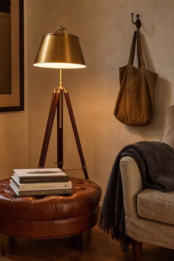 17 Striking Industrial Living Room Ideas With Raw Charm 15 Brass and walnut tripod floor lamp beside a round tufted leather ottoman in a warm industrial living room corner.