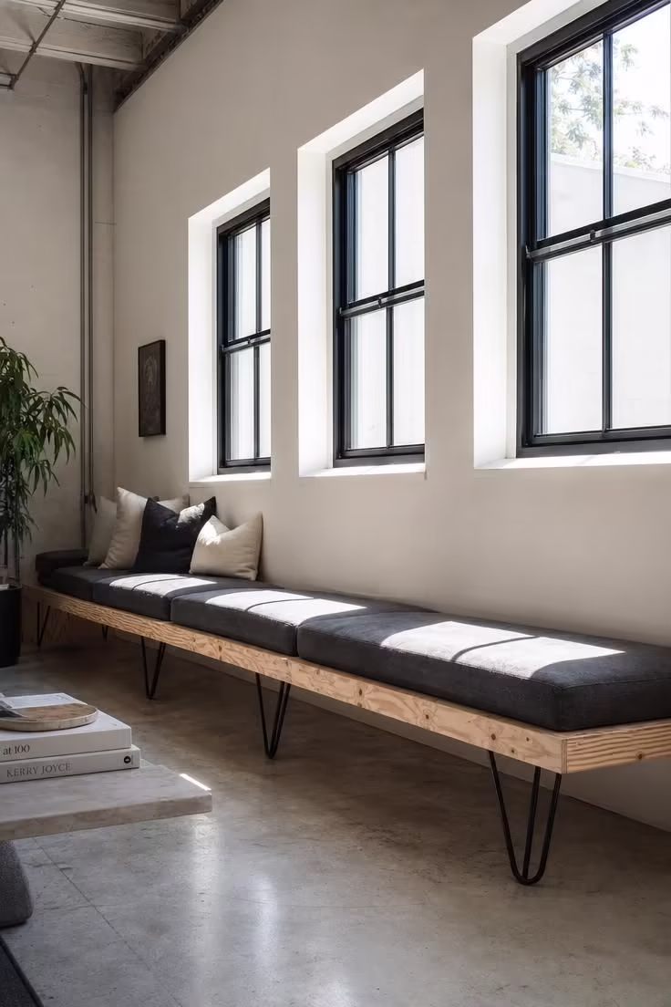 17 Striking Industrial Living Room Ideas With Raw Charm 16 Raw plywood built-in bench with steel hairpin legs along a window wall in a bright industrial living room with midday light.