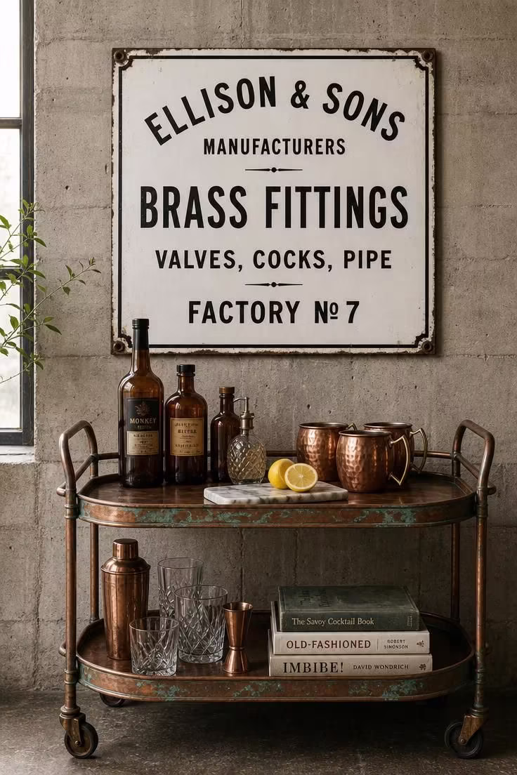 17 Striking Industrial Living Room Ideas With Raw Charm 17 Vintage enamel factory sign above a patinated copper bar cart with verdigris finish in an industrial living room.