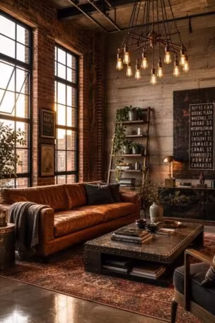 Inviting industrial living room with cognac leather sofa, exposed brick, polished concrete floor, and Edison bulb chandelier at golden hour.