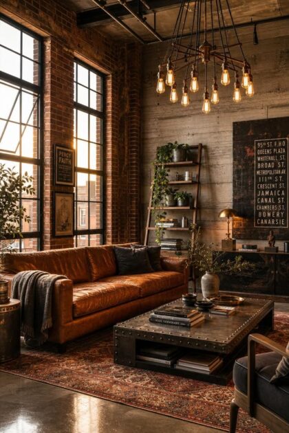 17 Striking Industrial Living Room Ideas With Raw Charm Inviting industrial living room with cognac leather sofa, exposed brick, polished concrete floor, and Edison bulb chandelier at golden hour.