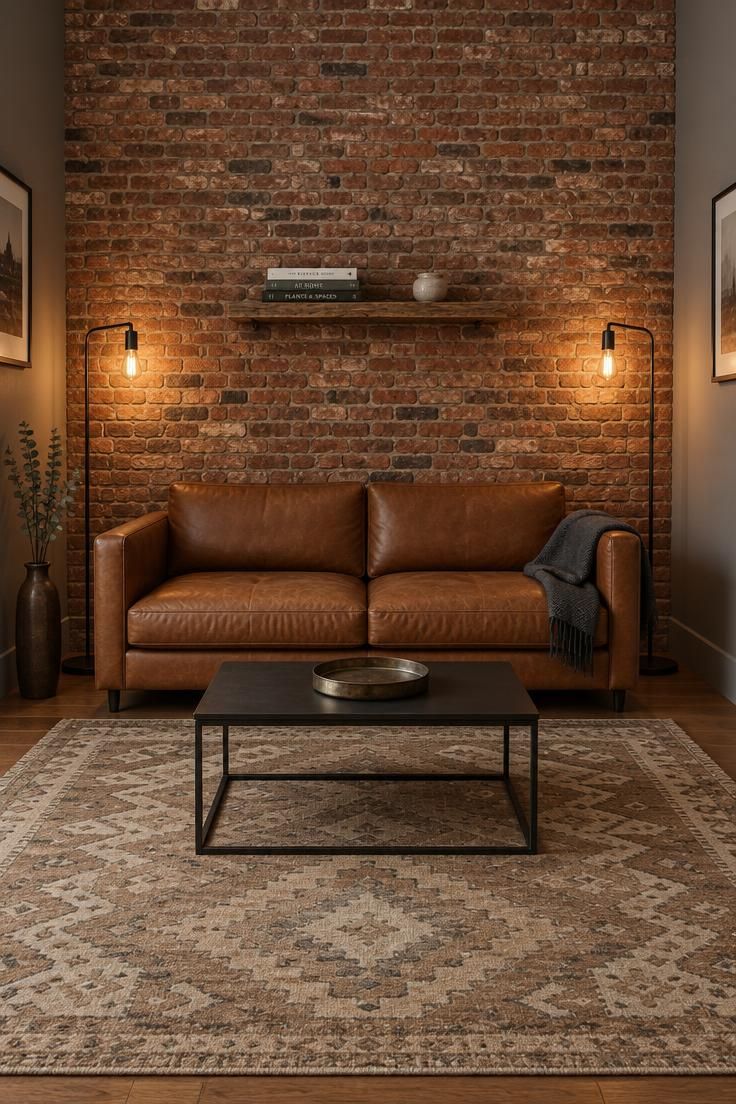 13 Warm Industrial Man Cave Ideas for Your Hangout 1 A brown leather sofa against a full exposed brick wall with two black steel floor lamps, a geometric wool rug, and a narrow reclaimed wood shelf holding books.