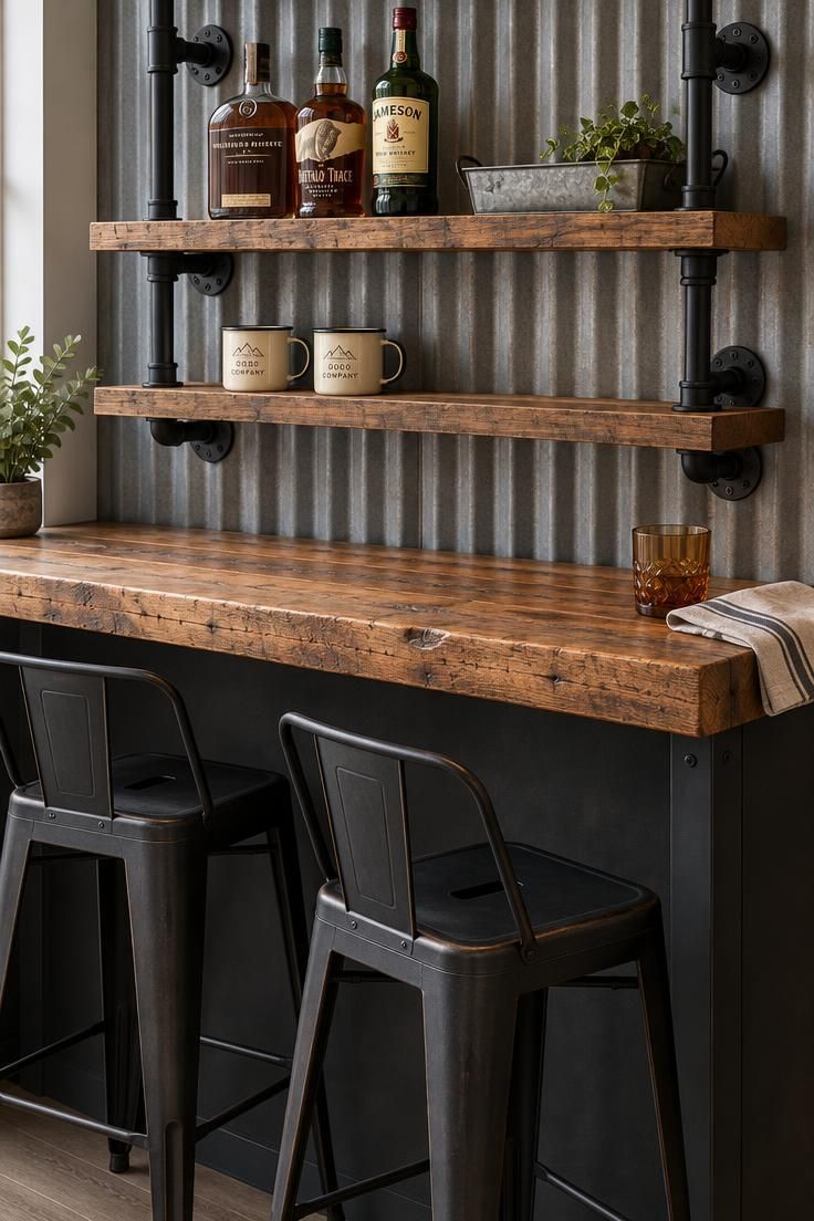 13 Warm Industrial Man Cave Ideas for Your Hangout 2 Wood plank shelves on black iron pipe brackets above a reclaimed wood bar counter with two black metal stools and a corrugated metal bar back.