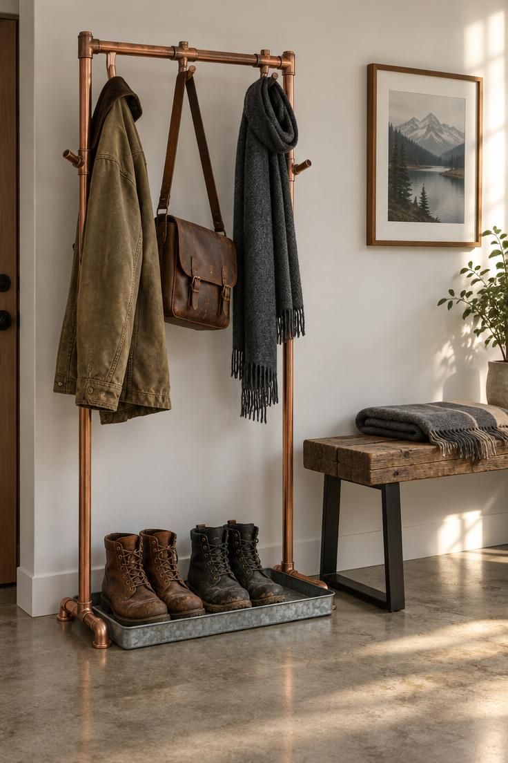 13 Warm Industrial Man Cave Ideas for Your Hangout 3 A copper pipe coat rack with hanging jacket, leather bag, and scarf beside a reclaimed wood bench on a warm gray concrete floor, with work boots in a galvanized tray.