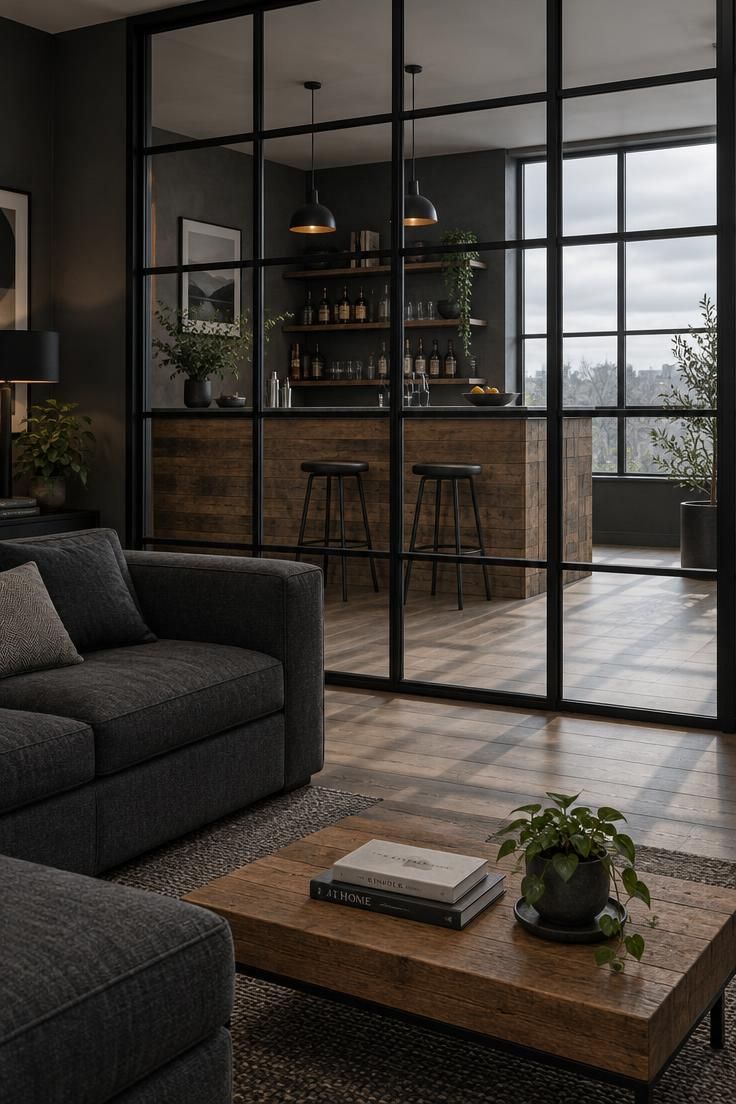 13 Warm Industrial Man Cave Ideas for Your Hangout 4 A view through a black steel-framed glass partition with grid mullions, showing a charcoal sofa on one side and a bar with stools on the other.