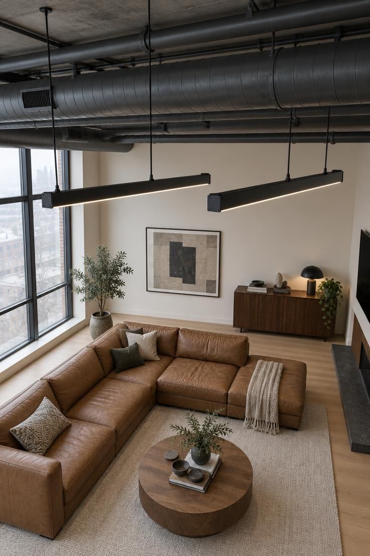 13 Warm Industrial Man Cave Ideas for Your Hangout 6 Exposed ductwork and pipes painted matte charcoal across a ceiling, with three linear black steel pendants above a tan leather sectional.