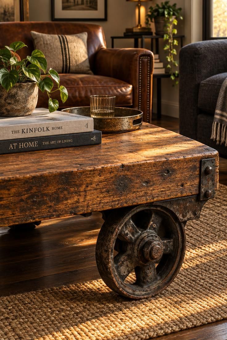 13 Warm Industrial Man Cave Ideas for Your Hangout 7 A vintage factory cart with a worn wood deck and steel wheels used as a coffee table, holding art books, a tray, and a small plant.