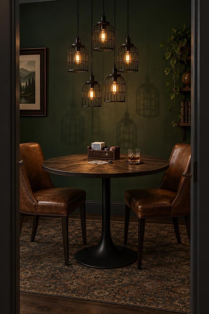 13 Warm Industrial Man Cave Ideas for Your Hangout 8 Five black steel cage pendants at varying heights above a round dark wood game table with two leather chairs in a corner with a deep green wall.