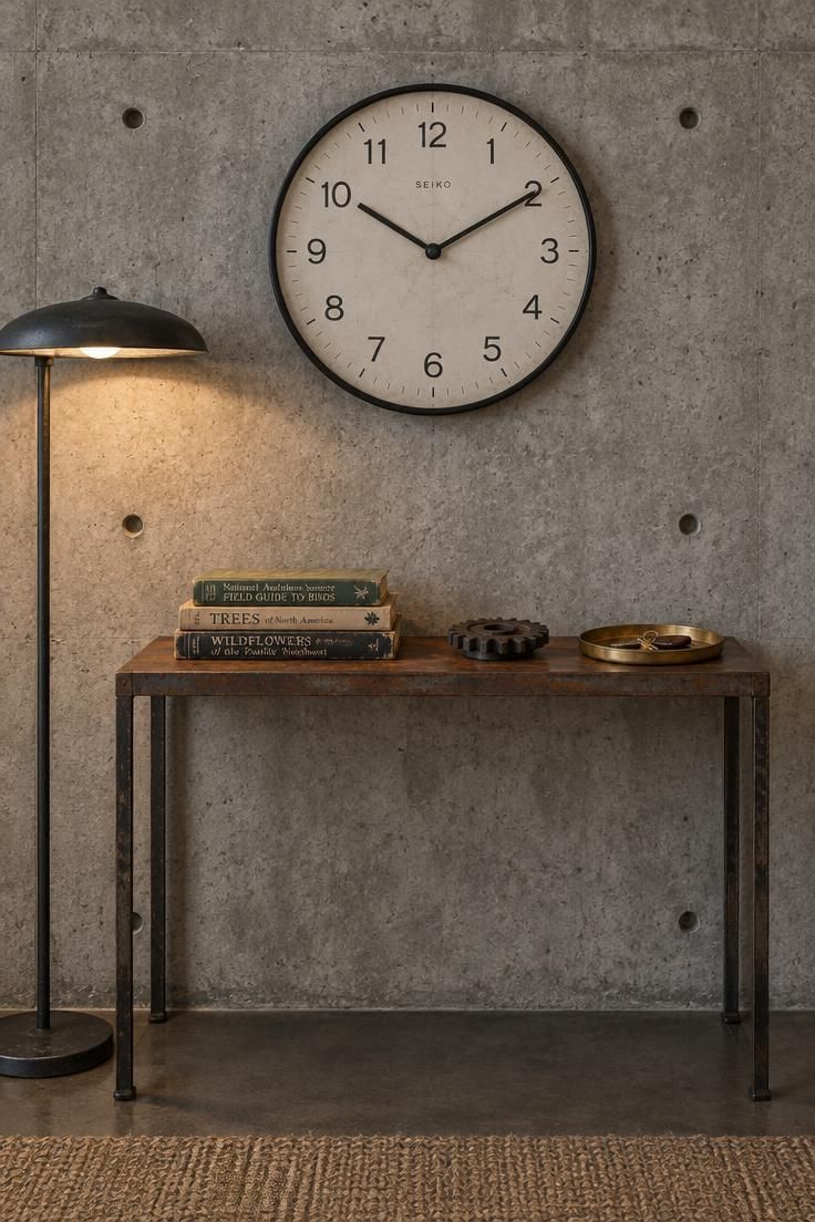 13 Warm Industrial Man Cave Ideas for Your Hangout 9 A large round wall clock with a black steel rim hanging on a concrete wall above a metal console with a rust brown top and vintage industrial objects.