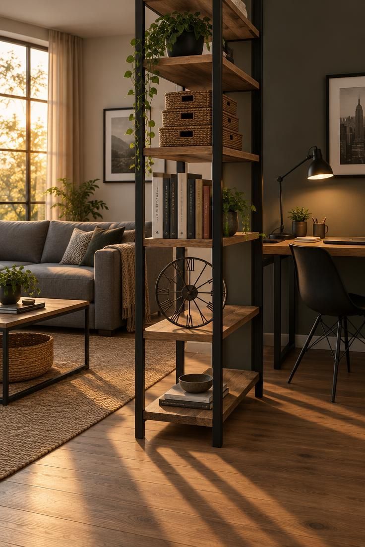 13 Warm Industrial Man Cave Ideas for Your Hangout 11 A tall black steel open shelving unit with wood planks dividing a room, holding baskets, books, and a metal clock, with a sofa on one side and a desk on the other.