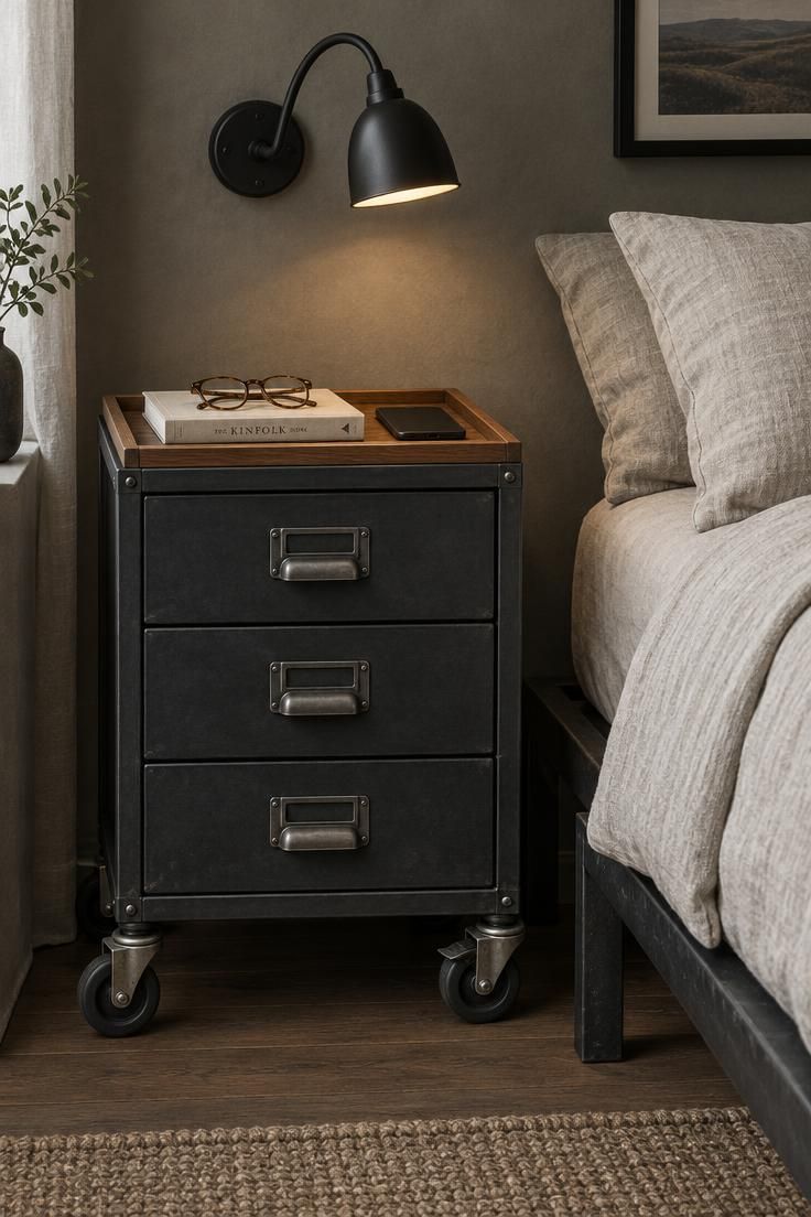 13 Warm Industrial Man Cave Ideas for Your Hangout 12 A small black steel tool cart with three drawers used as a nightstand, topped with a wood tray, a book, glasses, and a phone, beside a bed with oatmeal linen.