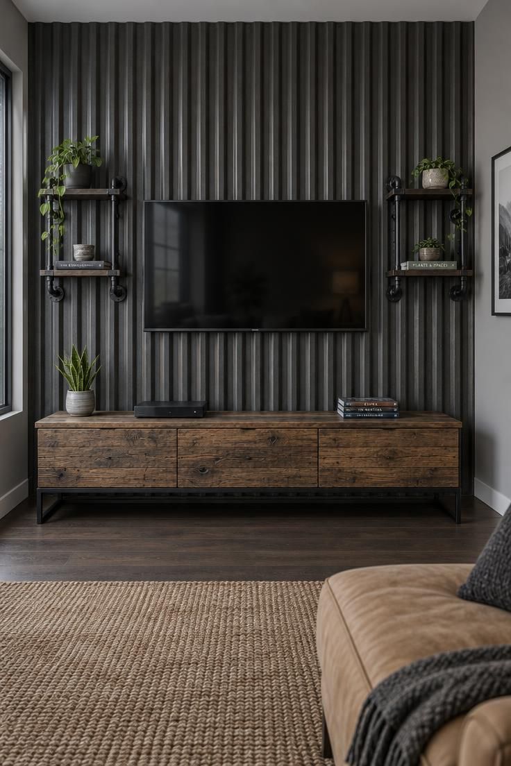 13 Warm Industrial Man Cave Ideas for Your Hangout 13 A warm charcoal corrugated metal accent wall with a mounted TV, flanked by black steel pipe shelves, above a reclaimed wood console with black metal legs.
