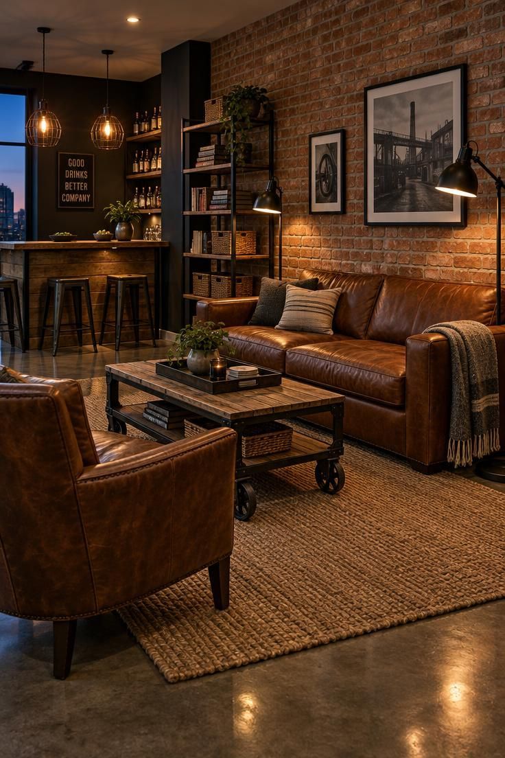 Simple Spaces 27 A cozy industrial man cave at dusk with an exposed brick wall, leather sofa, reclaimed wood bar with cage pendants, jute rug, and a factory cart coffee table on a polished concrete floor.