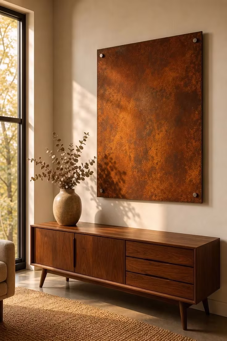 11 Industrial Wall Decor Ideas That Add Raw Character 1 Oxidized steel plate with rust patina mounted on white plaster wall above walnut credenza in warm golden light