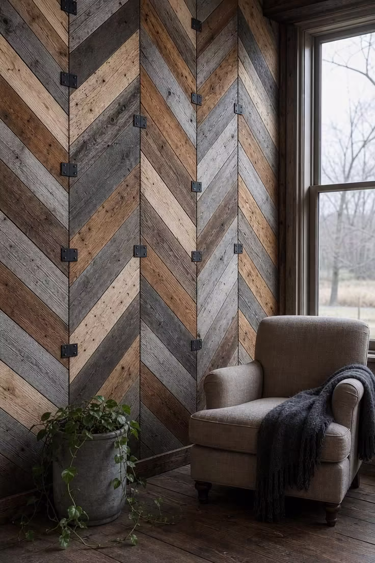 11 Industrial Wall Decor Ideas That Add Raw Character 2 Reclaimed barn wood chevron accent wall with matte black brackets under cool overcast light