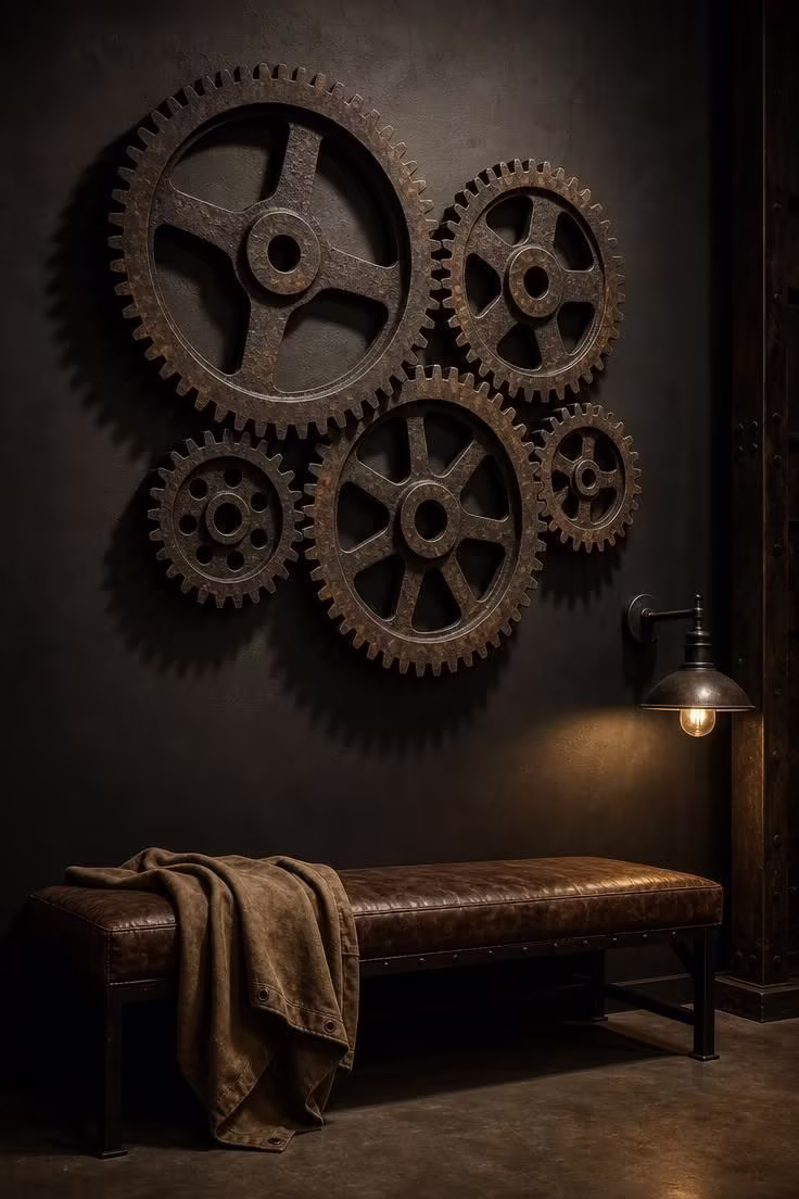 11 Industrial Wall Decor Ideas That Add Raw Character 3 Cast iron gear cluster mounted on dark charcoal wall with dramatic low light and leather bench below