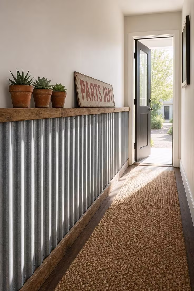 11 Industrial Wall Decor Ideas That Add Raw Character 4 Corrugated metal wainscoting in hallway with reclaimed oak ledge shelf holding succulents and vintage sign in bright midday light