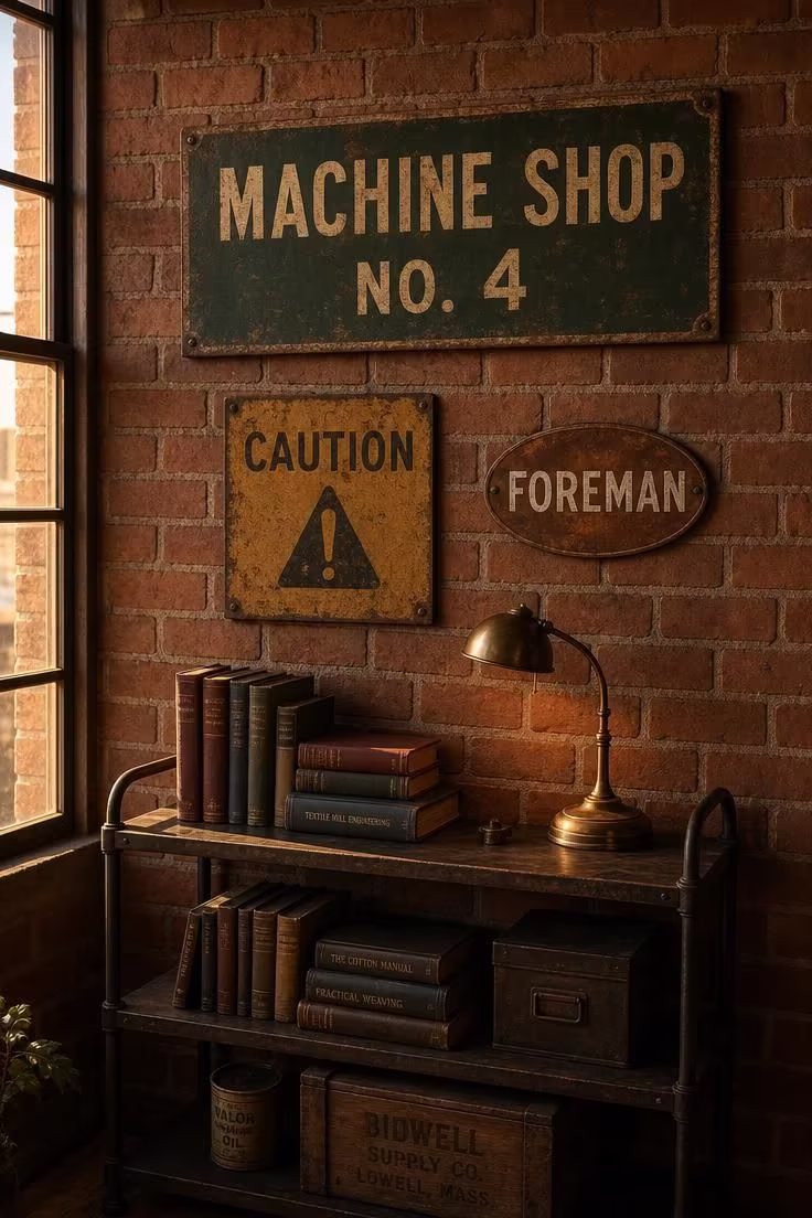 11 Industrial Wall Decor Ideas That Add Raw Character 5 Three vintage factory signs at staggered heights on exposed brick wall with iron shelf and brass lamp in golden hour light