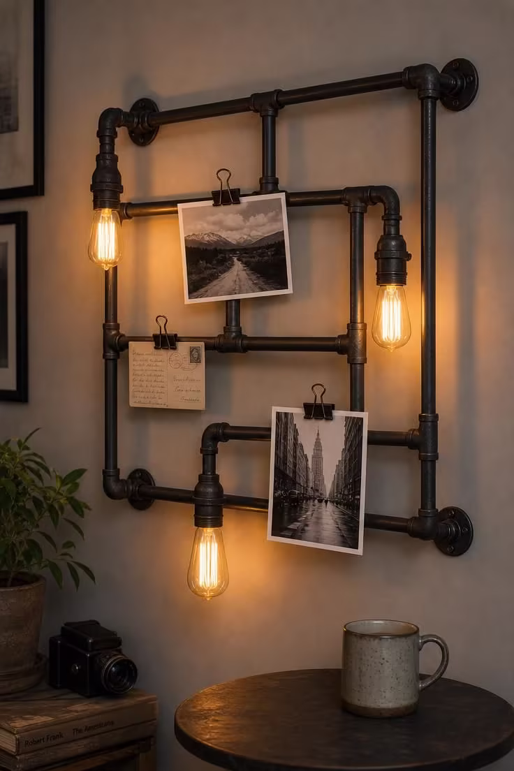 11 Industrial Wall Decor Ideas That Add Raw Character 6 Blackened iron pipe grid on dove gray wall with Edison bulb sconce fittings and clipped photographs in soft diffused light