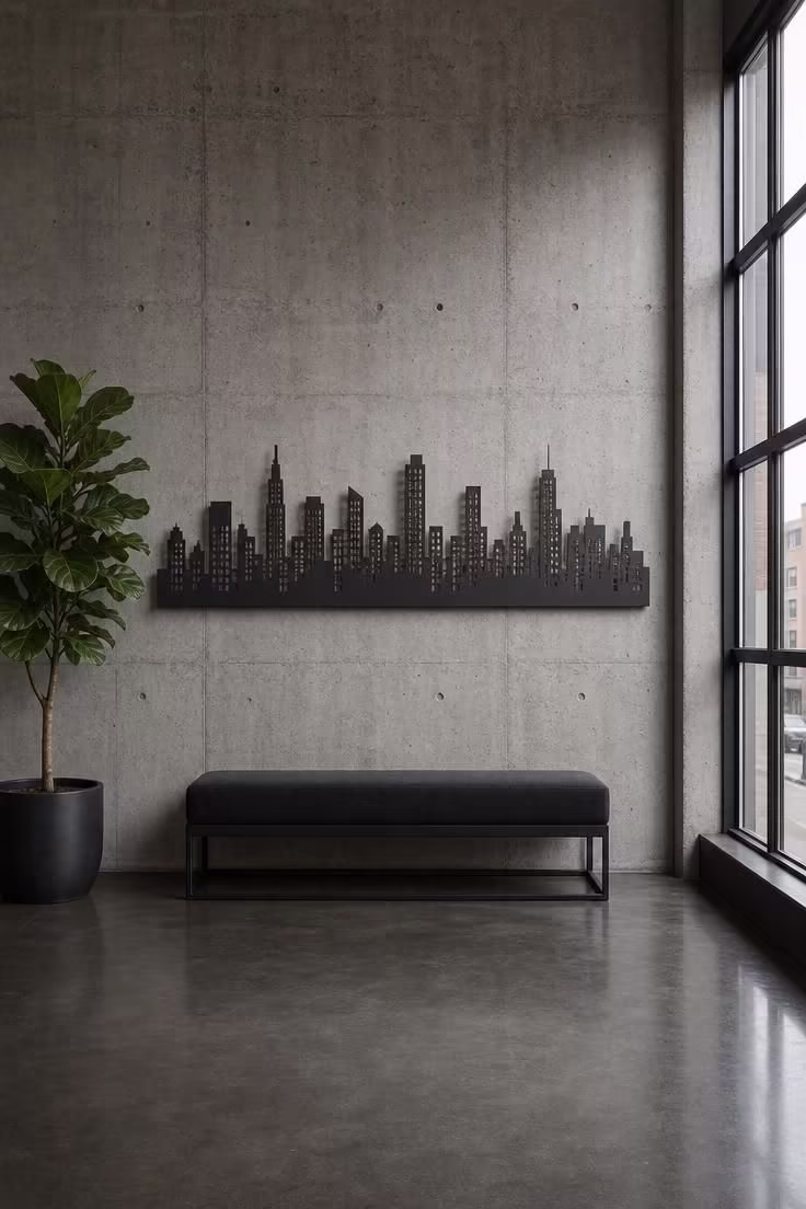 11 Industrial Wall Decor Ideas That Add Raw Character 7 Laser-cut steel city skyline panel mounted on concrete wall with shadow play under cool overcast light