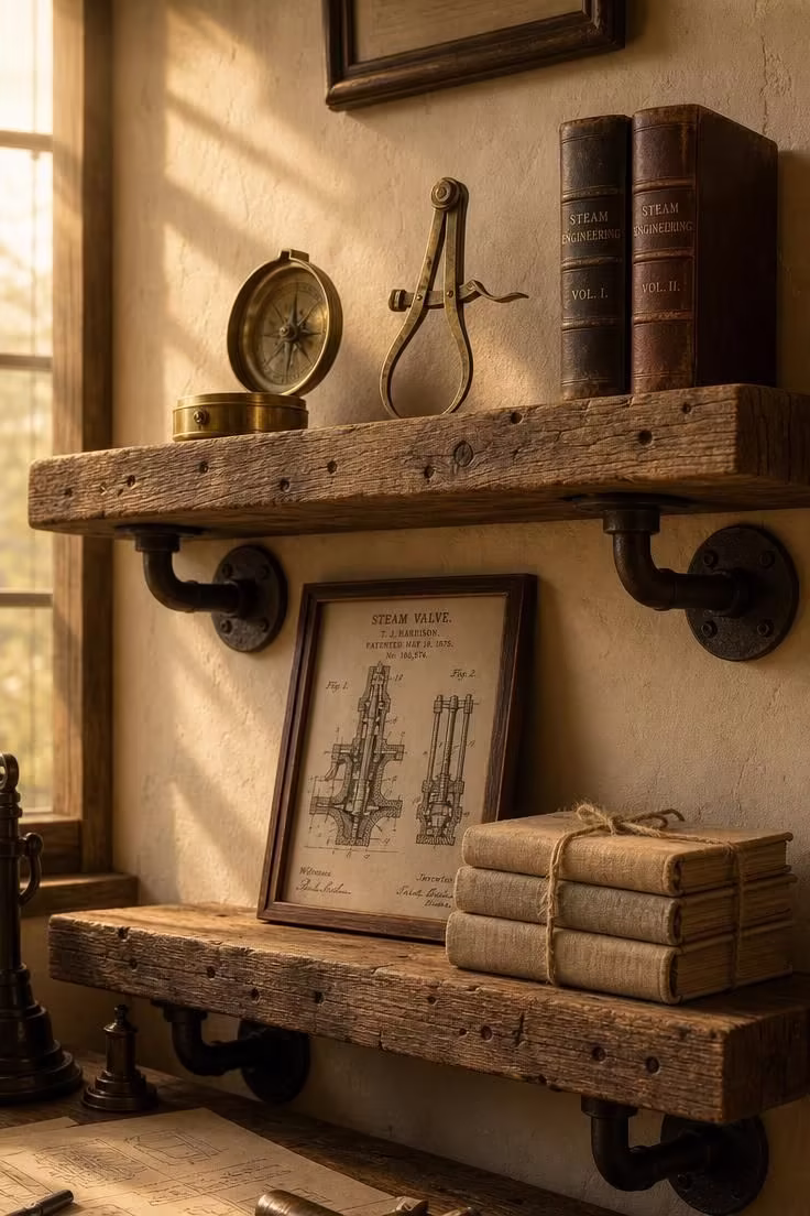 11 Industrial Wall Decor Ideas That Add Raw Character 8 Weathered oak reclaimed wood shelves with pipe brackets holding brass instruments and leather journals in warm golden light