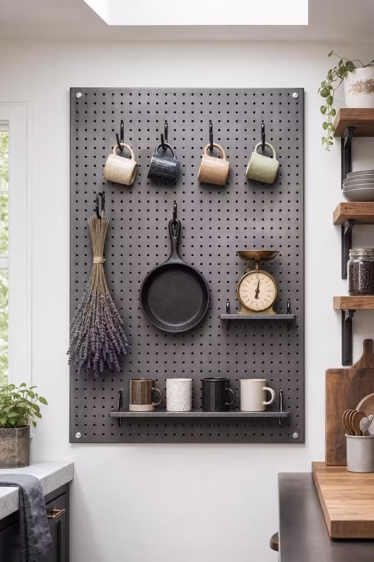 11 Industrial Wall Decor Ideas That Add Raw Character 9 Perforated steel display board with matte black hardware S-hooks holding kitchen items under bright midday skylight