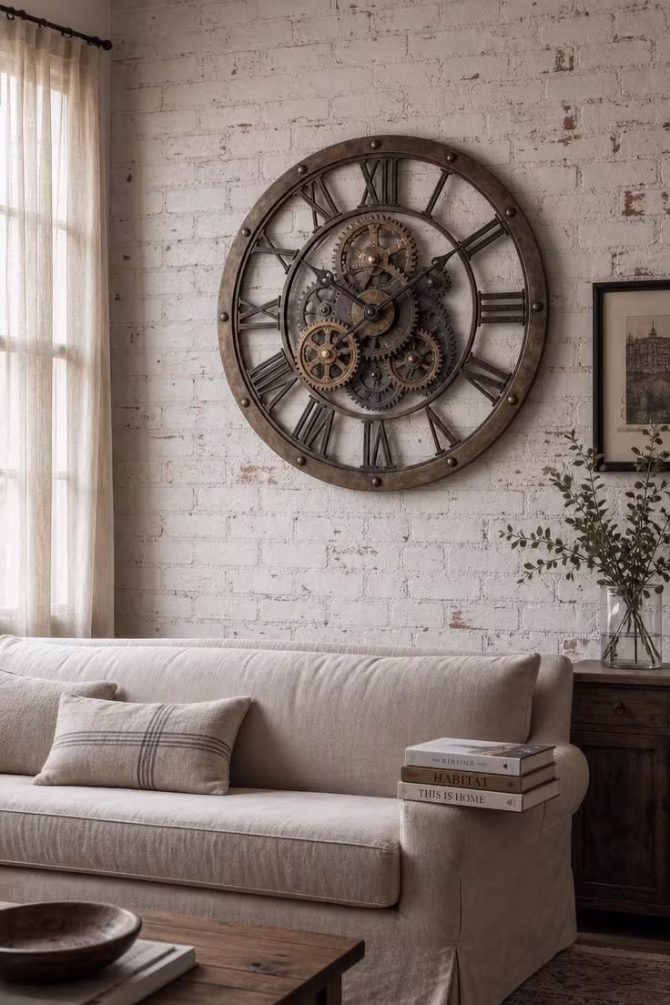 11 Industrial Wall Decor Ideas That Add Raw Character 10 Oversized gear wall clock with bronze finish on whitewashed brick wall above linen sofa in soft diffused light