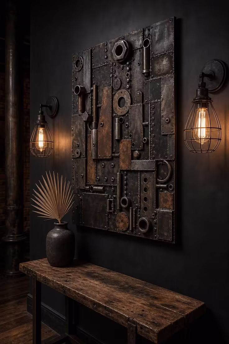 11 Industrial Wall Decor Ideas That Add Raw Character 11 Welded scrap metal abstract composition flanked by cage sconces on deep charcoal wall under moody low light