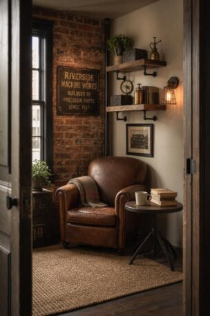 Industrial wall decor living room corner with exposed brick, vintage factory sign, pipe shelves, and cage sconce in warm diffused light