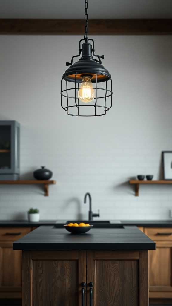 Industrial pendant light in a moody farmhouse kitchen with dark cabinetry and countertop.