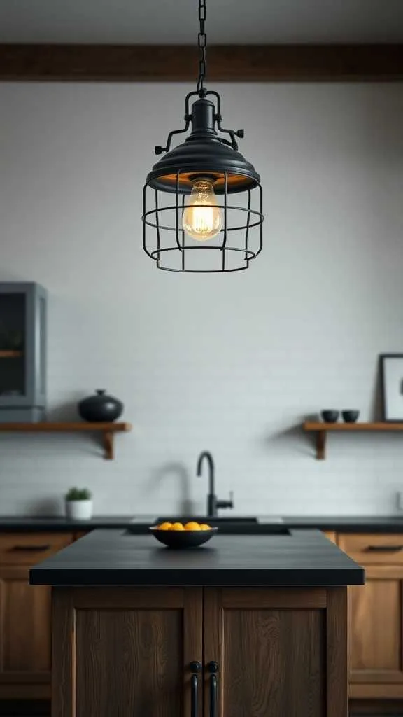 15 Moody Farmhouse Kitchen Ideas for a Cozy Atmosphere 4 Industrial pendant light in a moody farmhouse kitchen with dark cabinetry and countertop.