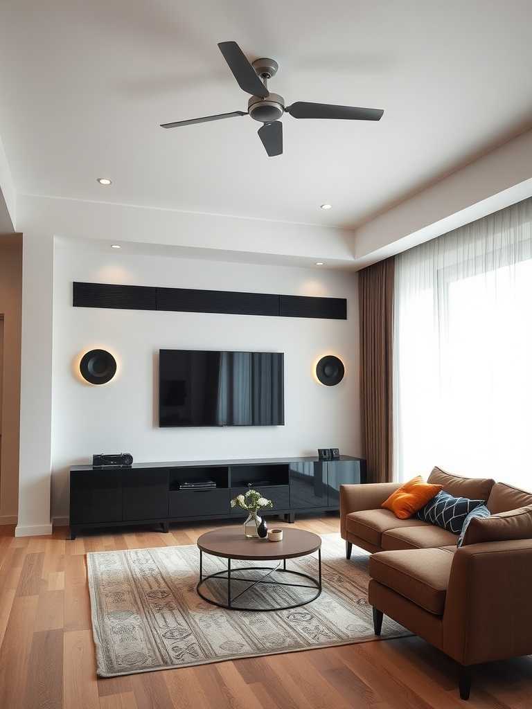 A modern luxury living room featuring smart home features, with a sleek black entertainment unit, wall-mounted TV, stylish ceiling fan, and comfortable furniture.