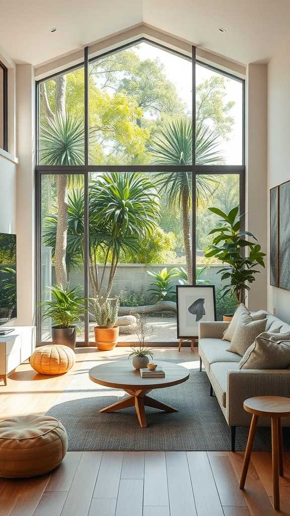 A modern minimalist living room with large windows showcasing lush greenery outside.