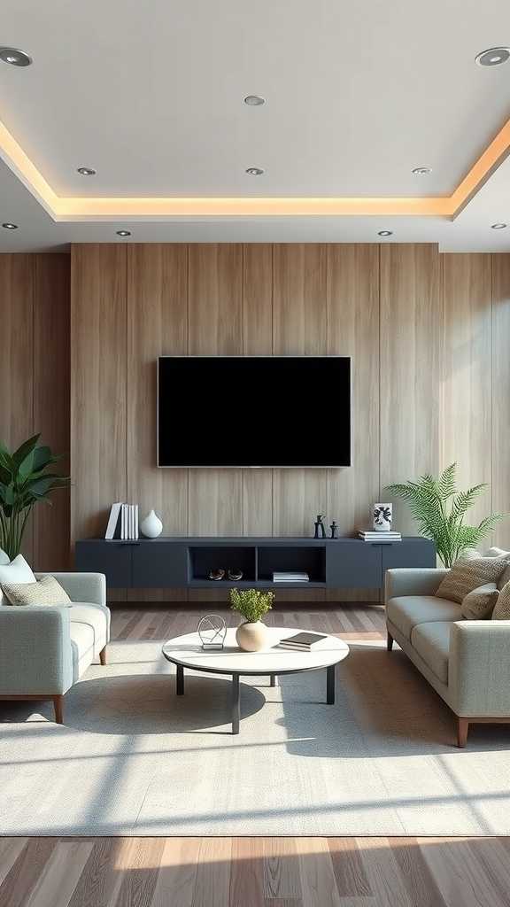 A modern minimalist living room featuring integrated technology with a sleek design.