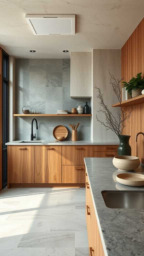 A modern kitchen featuring wooden cabinets and stone countertops.