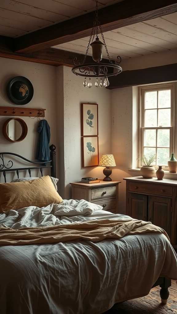 A cozy bedroom featuring vintage furniture, antique art, and warm lighting.