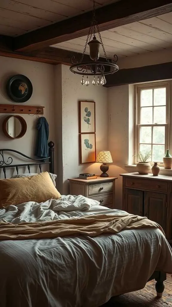 21 Wabi Sabi Bedroom Design Ideas for Calm and Beauty 6 A cozy bedroom featuring vintage furniture, antique art, and warm lighting.
