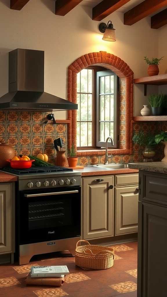 A cozy Spanish Mediterranean kitchen with modern appliances and dark wood accents.