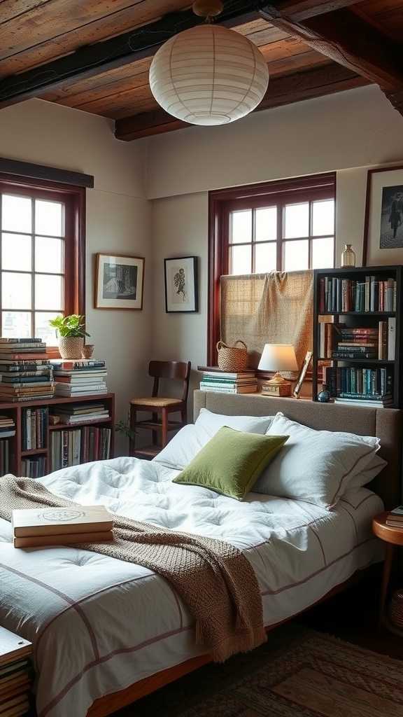 A cozy bedroom with stacked books, a comfortable bed, and a warm atmosphere.