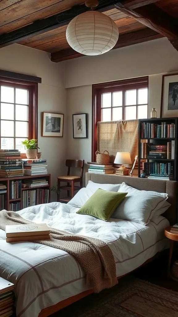 21 Wabi Sabi Bedroom Design Ideas for Calm and Beauty 10 A cozy bedroom with stacked books, a comfortable bed, and a warm atmosphere.