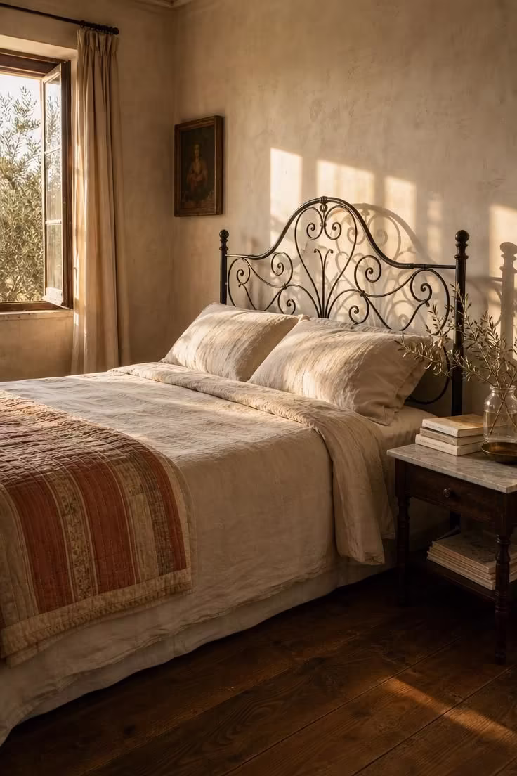 11 Breezy Italian Summer Bedroom Ideas for Lazy Afternoons 1 Black wrought iron bed frame against ivory limewashed walls in a warm Italian summer bedroom.