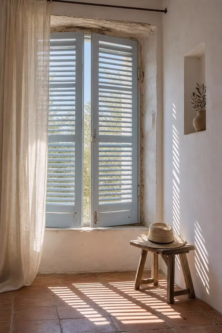 11 Breezy Italian Summer Bedroom Ideas for Lazy Afternoons 3 Pale blue louvered wooden shutters half-closed against bright midday sun in an Italian summer bedroom.
