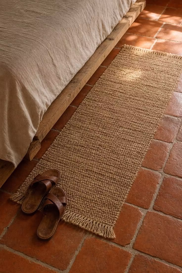 11 Breezy Italian Summer Bedroom Ideas for Lazy Afternoons 4 Cotto tile floor with a natural jute runner beside a low bed in a warm Italian summer bedroom.