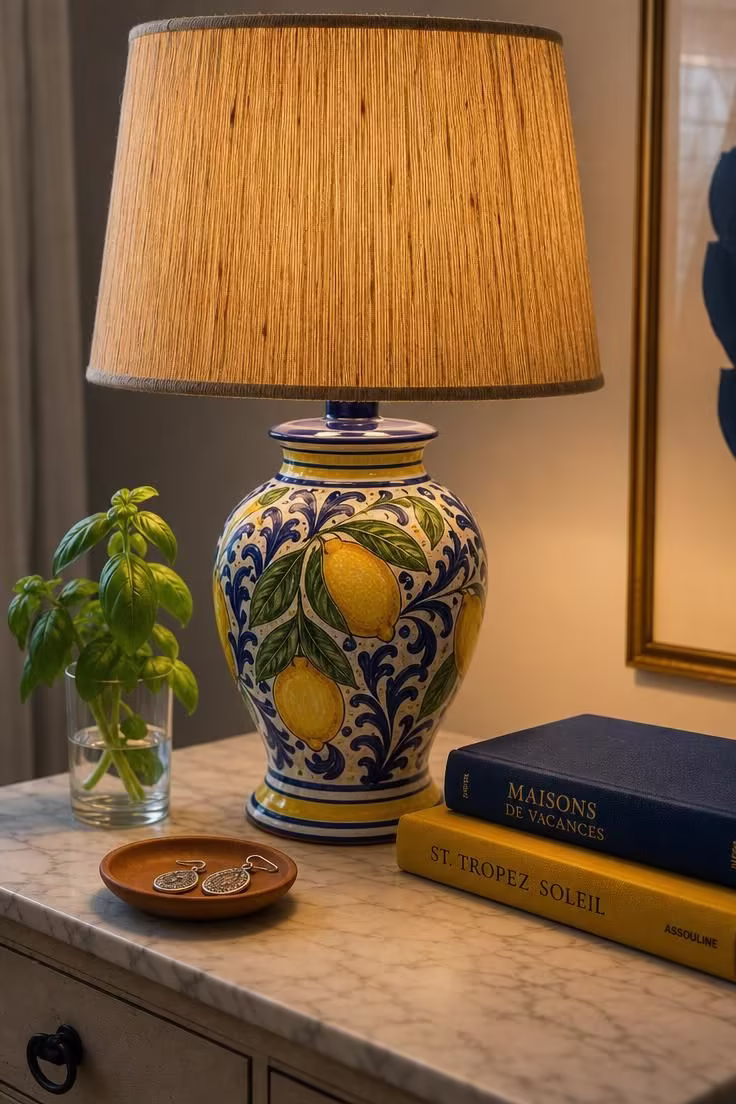11 Breezy Italian Summer Bedroom Ideas for Lazy Afternoons 6 Hand-painted Vietri ceramic lamp with lemon motif on a Carrara marble nightstand in a softly lit Italian summer bedroom.