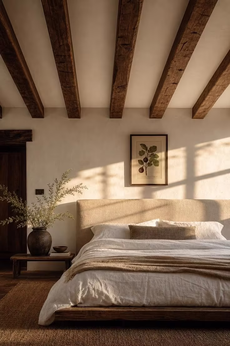 11 Breezy Italian Summer Bedroom Ideas for Lazy Afternoons 7 Exposed chestnut ceiling beams above a white plaster bed wall in a warm Italian summer bedroom.