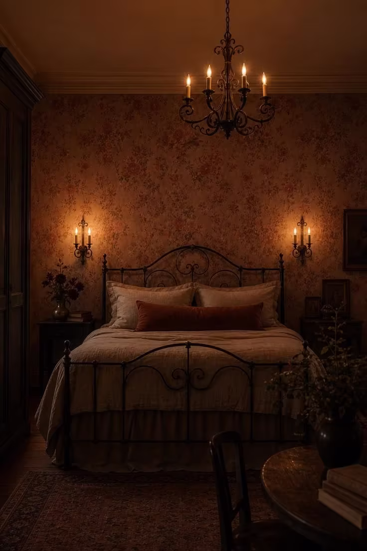 11 Breezy Italian Summer Bedroom Ideas for Lazy Afternoons 8 Wrought iron scrollwork chandelier with warm bulb-flame light above an antique iron bed in a moody Italian summer bedroom.