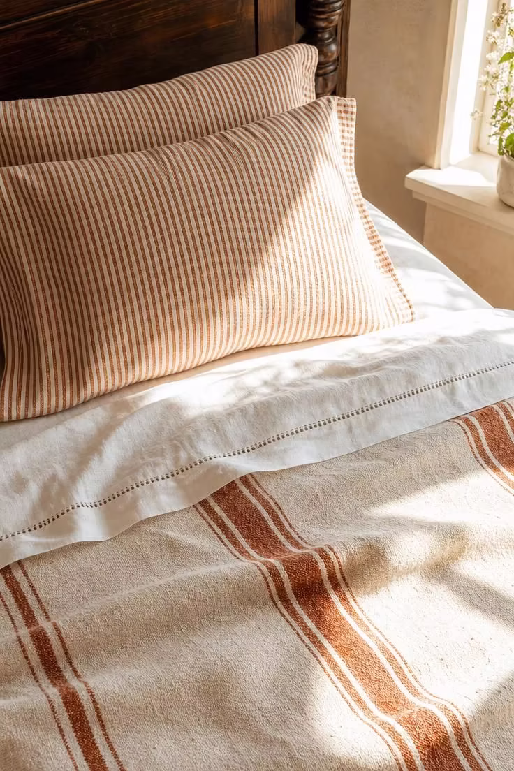 11 Breezy Italian Summer Bedroom Ideas for Lazy Afternoons 9 Striped Tuscan bedding in white and burnt sienna on a bed in a bright midday Italian summer bedroom.